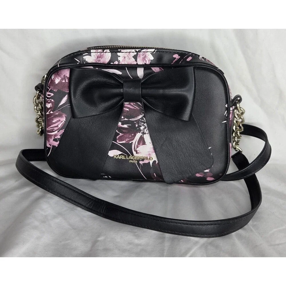 KARL LAGERFELD Black Floral Berry Bow Accent Crossbody Shoulder Bag Purse